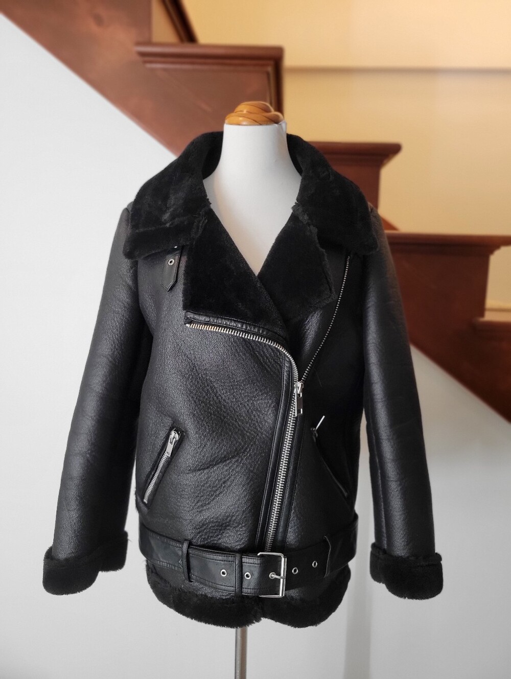 Zara Black Faux Shearling Moto Puffer Jacket Size S - Picture 8 of 8